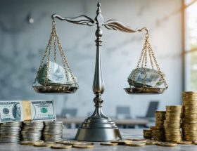 Balanced scale with natural stone on one side and cash on the other, illustrating the comparison of long-term value of natural stone with its initial investment costs, surrounded by icons depicting installation, maintenance, and longevity factors.