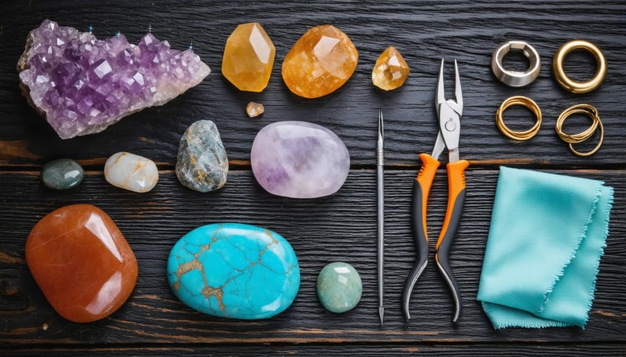 A collection of colorful natural stones and jewelry-making tools, including pliers and wire cutters, displayed on a wooden surface, highlighting the materials and tools used in creating beautiful stone jewelry.