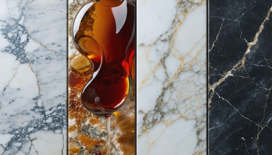 Artistic representation of different natural stones, including granite, marble, and limestone, illustrating their porous structures and susceptibility to stains from liquids like wine, oil, and coffee.