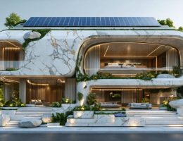 A contemporary sustainable building with a natural stone facade, surrounded by greenery and featuring integrated solar panels, reflecting the harmony of luxury and ecological responsibility in modern architecture.