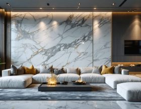 Modern interior design showcasing advanced natural stone installation with seamless marble patterns and subtle VR technology integration for innovative visualization.