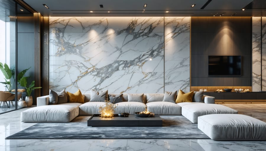 Modern interior design showcasing advanced natural stone installation with seamless marble patterns and subtle VR technology integration for innovative visualization.
