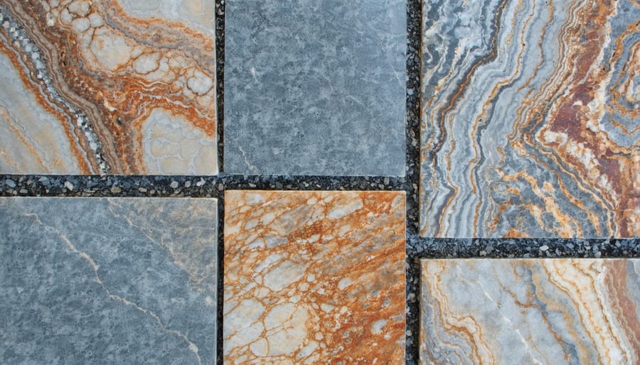 Detailed view of different stone surfaces showing natural patterns and textures
