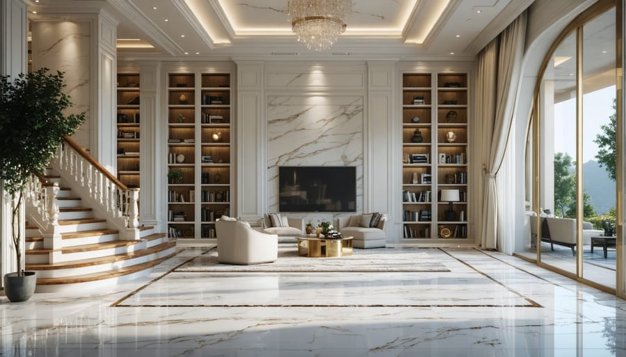 Modern kitchen with certified natural stone countertops and flooring