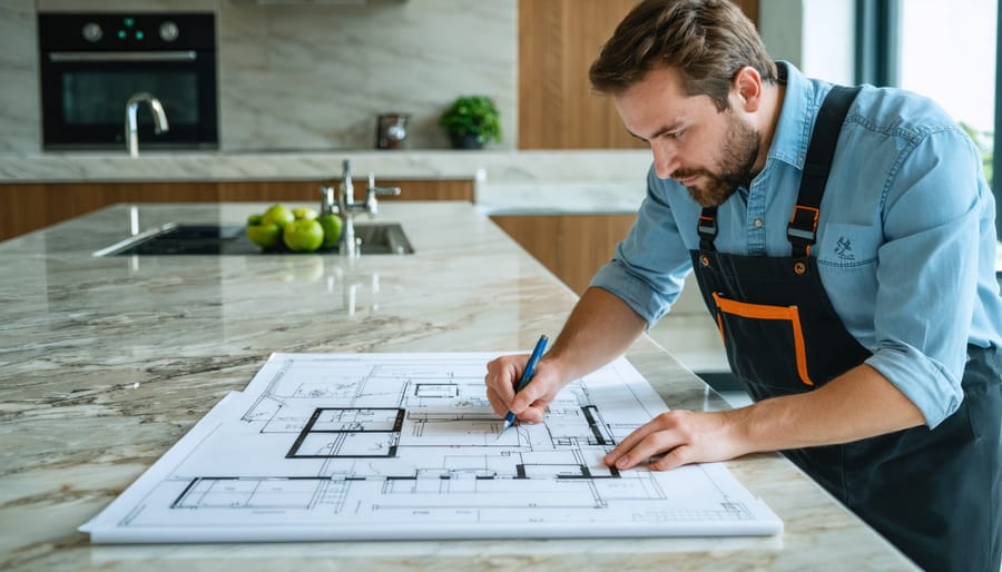 Professional conducting natural stone quality inspection with architectural plans in the background, symbolizing investment return and quality assurance.