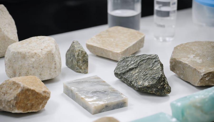 Natural Stone Institute technicians conducting quality tests on marble and granite samples