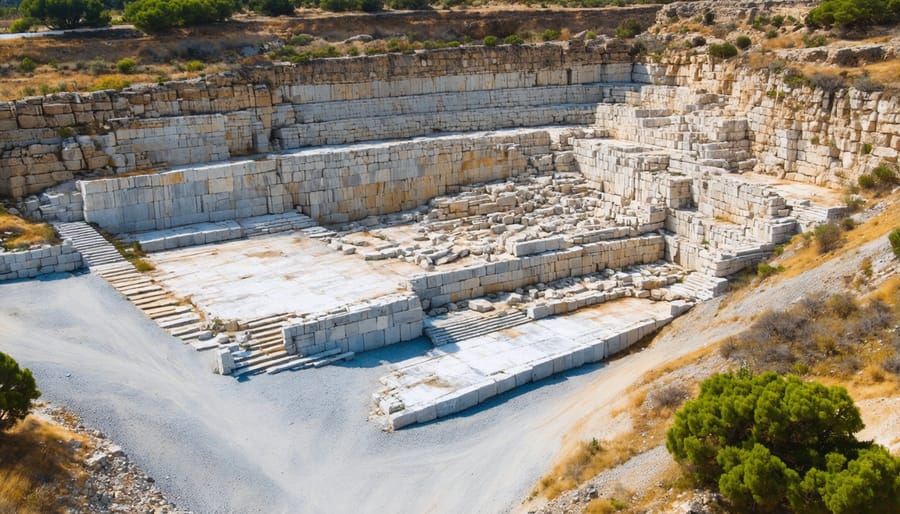 Historic Pentelic marble quarry showing ancient extraction methods and religious markings