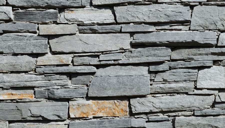 Detailed view of weathered stone wall construction techniques using reclaimed materials