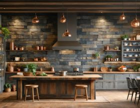 A rustic kitchen with natural stone countertops, a stacked slate accent wall, copper fixtures, and modern appliances.