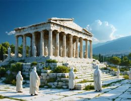 Ancient Greek temple constructed from white marble, with surrounding greenery and ceremonial rituals being performed by priests, illustrating the religious and cultural significance of marble in the construction of Greek sacred sites.