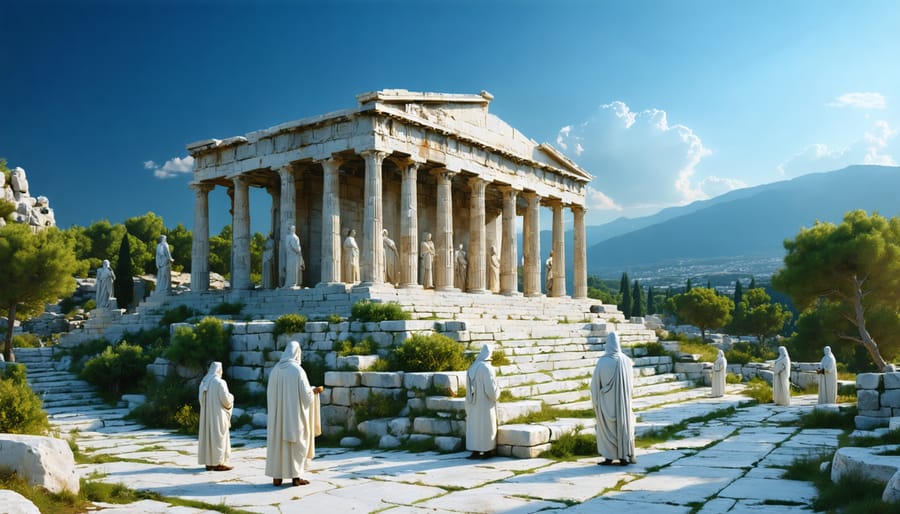 Ancient Greek temple constructed from white marble, with surrounding greenery and ceremonial rituals being performed by priests, illustrating the religious and cultural significance of marble in the construction of Greek sacred sites.