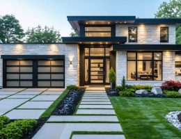 Modern home exterior with stone veneers and professional landscaping illustrating property value improvements.