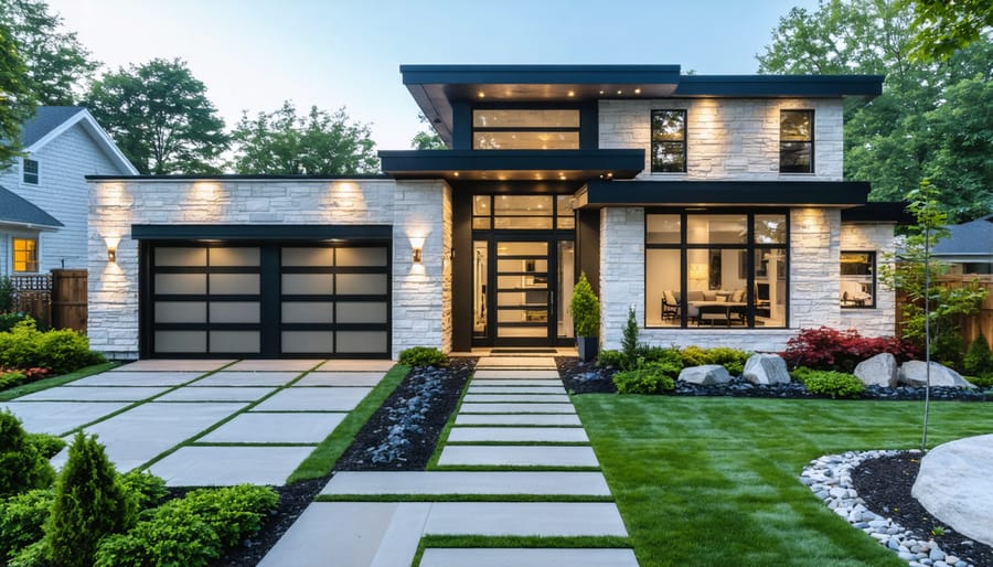 Modern home exterior with stone veneers and professional landscaping illustrating property value improvements.