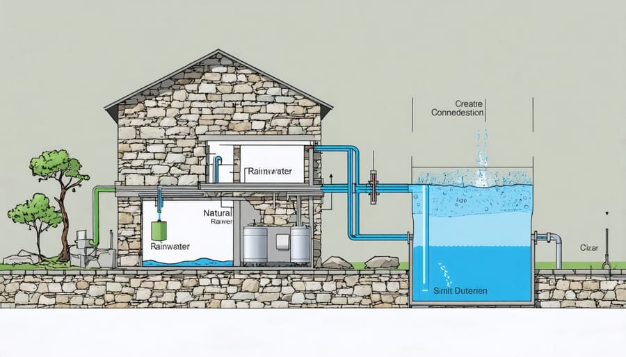 Technical illustration of sustainable water management systems in stone architecture