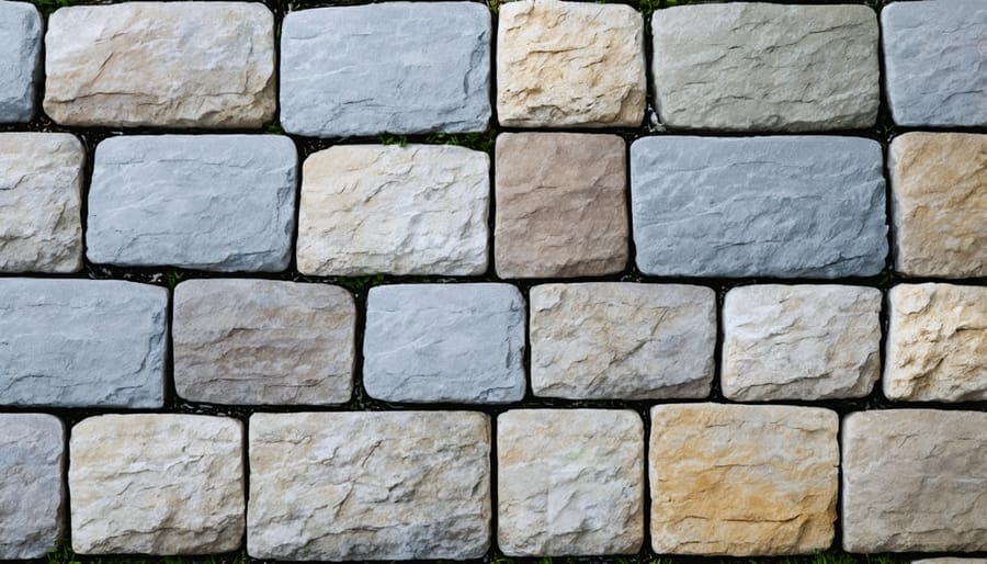 Hands placing natural stone pavers with proper spacing tools and level