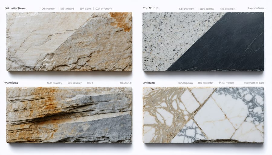 Cross-section view of marble, granite, and limestone showing porous structures