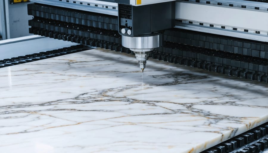 CNC machine precisely cutting intricate pattern in large marble slab
