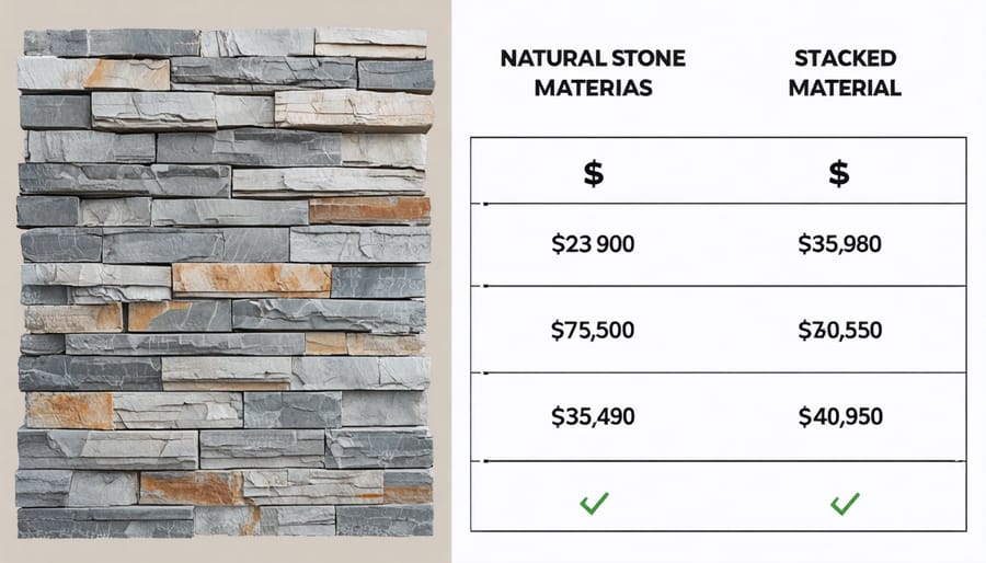 Construction materials yard showing stone inventory with superimposed price trend graph