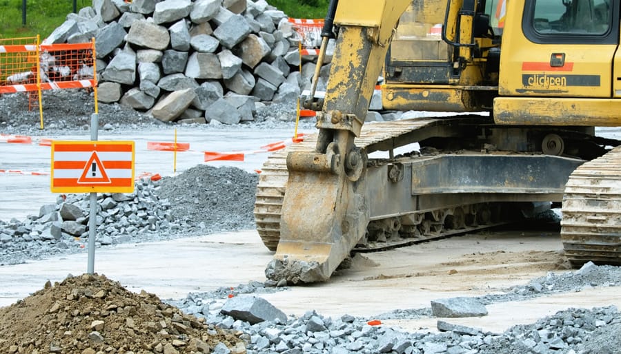 Stone construction site with visual risk assessment indicators and checkpoints