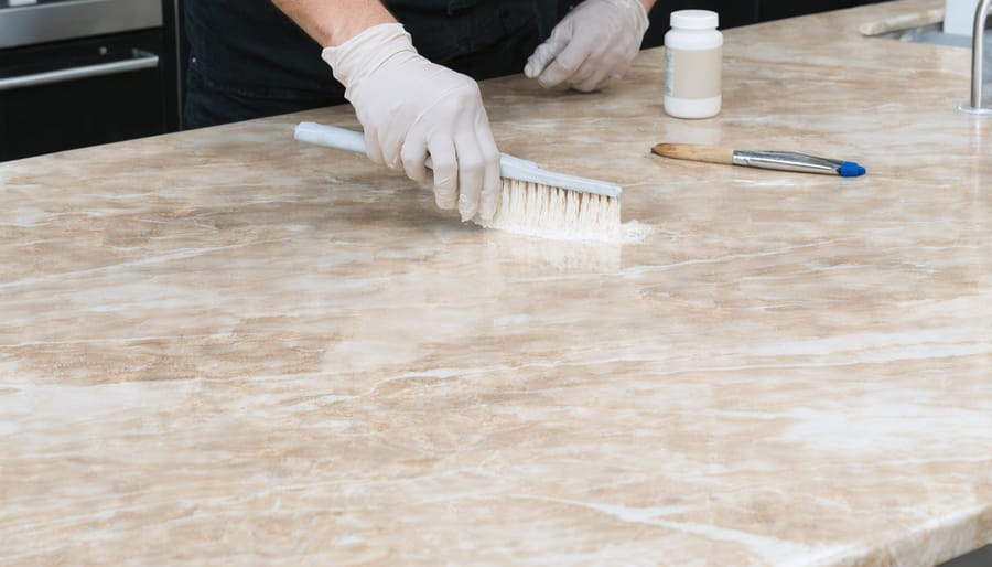 Stone professional using proper technique to apply sealer on marble surface