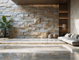 A modern architectural space featuring a polished marble floor adjoining a rough-hewn stone wall, highlighting the textural contrast through sunlight and shadows.