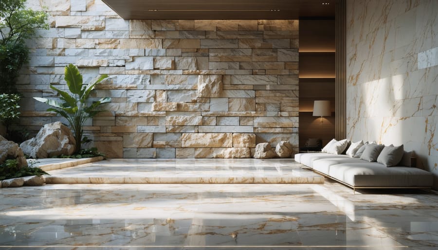 A modern architectural space featuring a polished marble floor adjoining a rough-hewn stone wall, highlighting the textural contrast through sunlight and shadows.