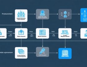 A conceptual flowchart illustrating the seven-step procurement process for managing stone projects, with icons representing each phase from planning to quality control.