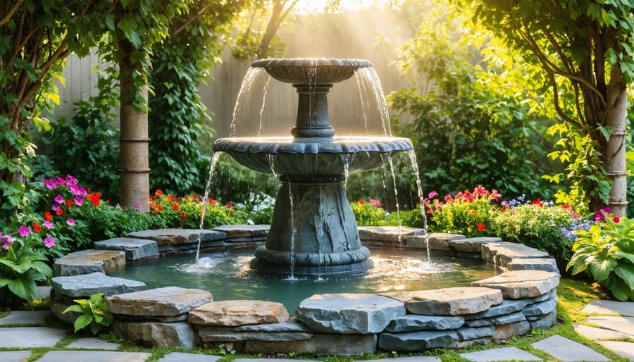 A serene natural stone fountain composed of granite and slate, surrounded by vibrant garden greenery, with water gracefully flowing over the stones under warm sunlight.