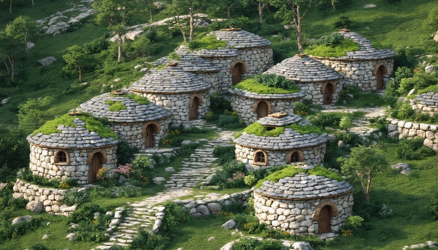 Bird's eye view of an eco-friendly stone village with solar panels and green roofs