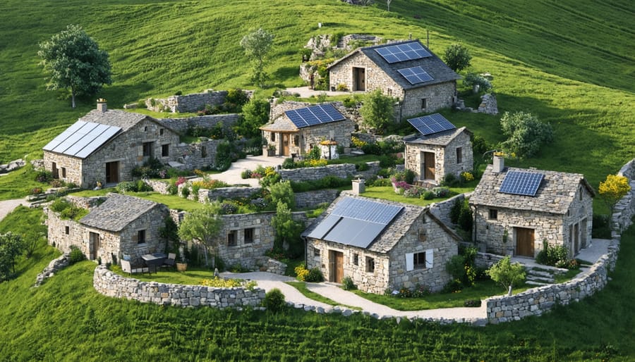 Aerial view of a sustainable stone village set in a verdant landscape, featuring traditional architecture with modern eco-friendly elements such as solar panels and green roofs.