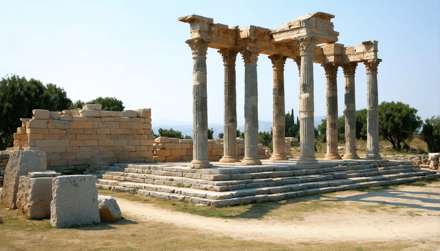 Archaeological reconstruction showing ancient Greek temple construction methods and ceremonial markers