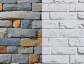 A split image showing a natural stone wall before and after professional painting, illustrating the dramatic transformation and modern appeal achieved through the process.