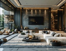 A sophisticated interior space showcasing a variety of stone textures and colors, including warm beiges, cool grays, and dramatic blacks, emphasizing the natural beauty and versatility of stone in modern design.
