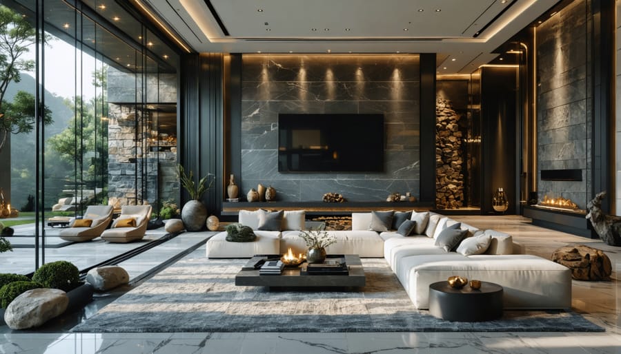A sophisticated interior space showcasing a variety of stone textures and colors, including warm beiges, cool grays, and dramatic blacks, emphasizing the natural beauty and versatility of stone in modern design.