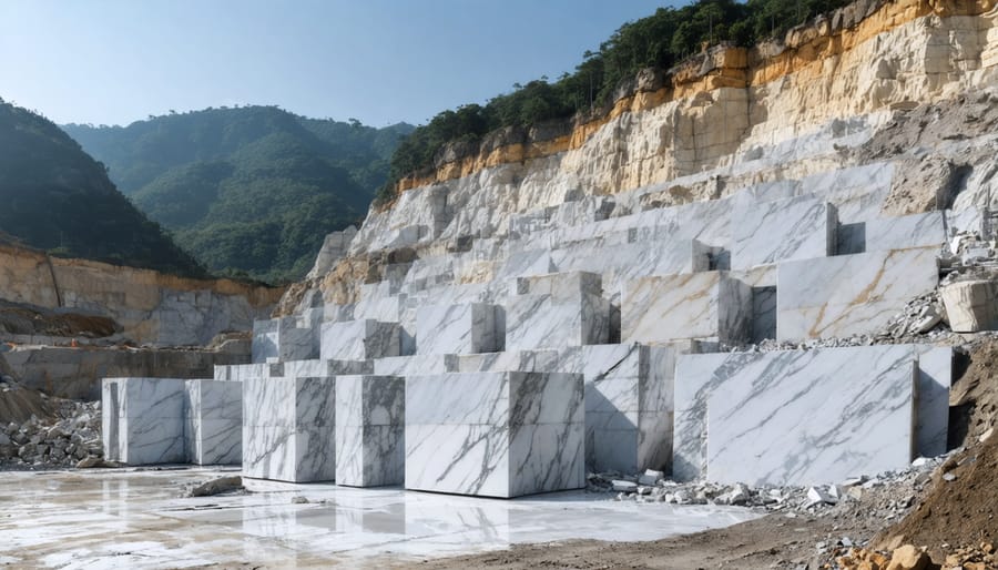 Aerial view of Venezuelan marble quarry showing excavation machinery and stone formations