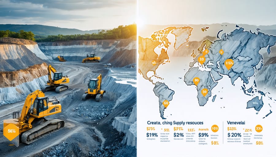 An artistic blend showing a Venezuelan marble quarry with industrial machinery contrasted against a conceptual infographic of disrupted global stone supply chains and fluctuating prices.