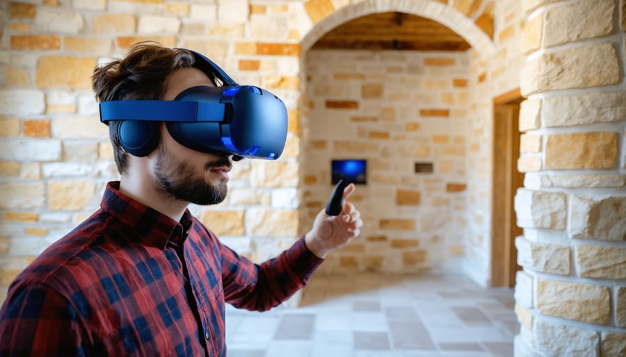 Interior designer wearing VR headset while selecting natural stone patterns in a virtual environment