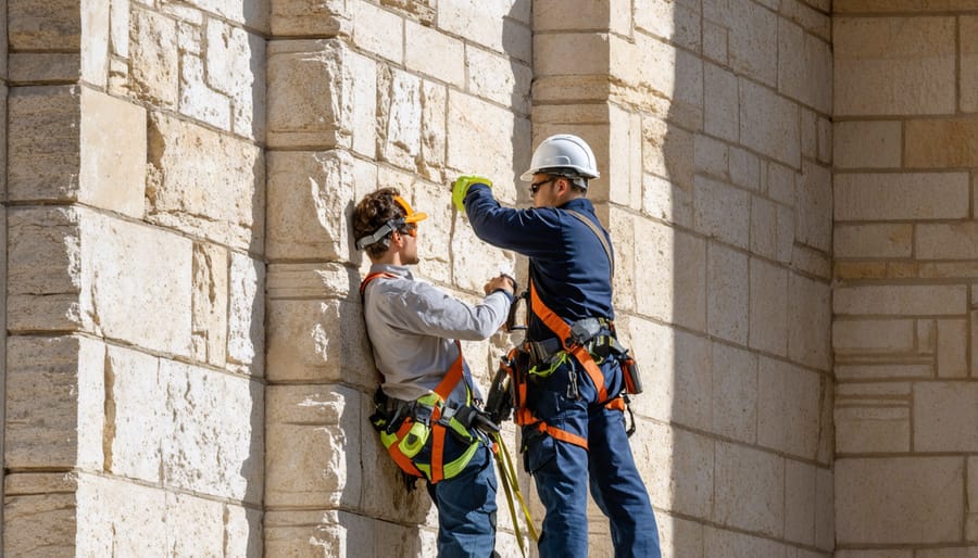 Professional team conducting vertical seismic profiling measurement on a heritage stone structure