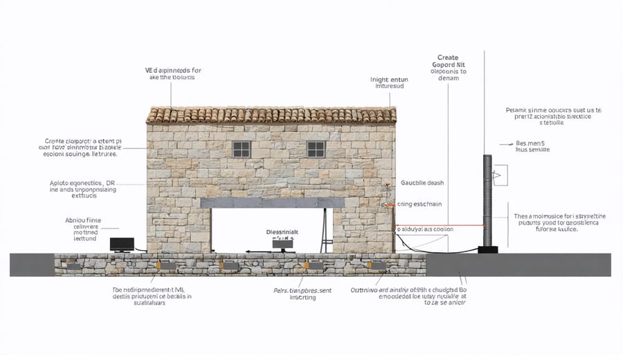 Technical diagram illustrating vertical seismic profiling setup with sensors and equipment placement in a stone structure