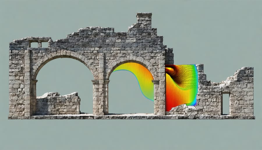 A conceptual illustration showing a cross-section of a historic stone building with overlaying seismic wave patterns, highlighting vertical seismic profiling in structural assessment.