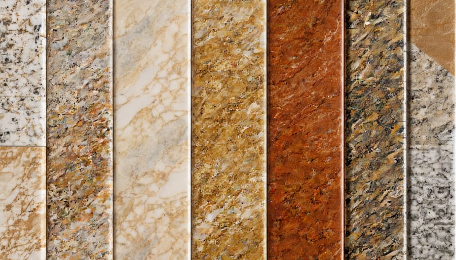 Array of warm-toned natural stone samples displaying various earth tone colors and textures