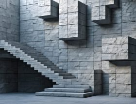 Contemporary 3D geometric stone wall with cubes and pyramids casting dramatic shadows, highlighting the interplay of light and texture in architectural design.