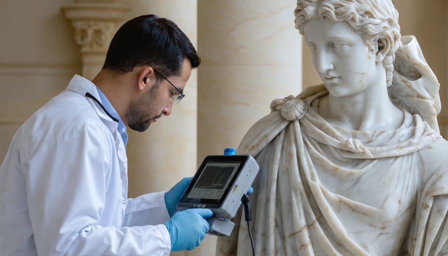 Professional conservator operating a handheld 3D laser scanner to document details of an ancient marble sculpture