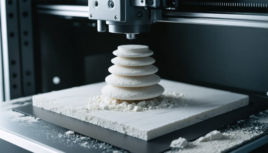 Industrial 3D printer depositing layers of stone material to create an architectural element