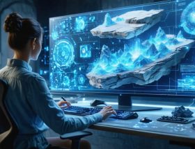 A designer interacting with an AI-powered interface displaying an intricate 3D stone design. The image conveys advanced AI pattern recognition and digital stone matching used in modern architectural applications.