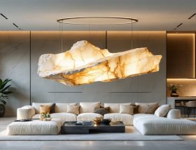 Illuminated alabaster pendant light in a modern living room, highlighting its translucent veining and warm glow.