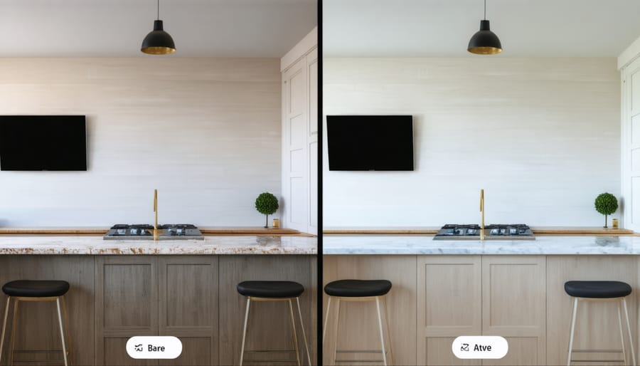 Side-by-side comparison of real kitchen and AR visualization of stone countertop options
