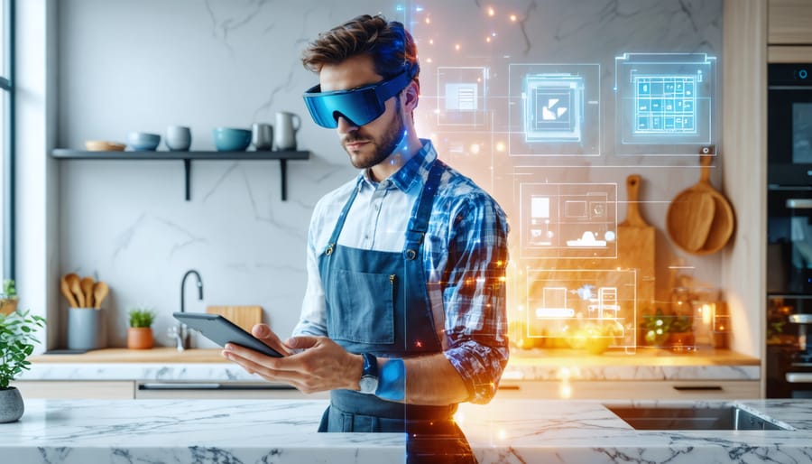 Designer using augmented reality glasses to visualize stone patterns on a kitchen countertop, displaying a split view of a bare countertop and an AR overlay with different stone textures.