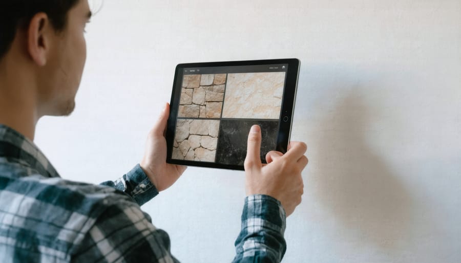 Designer using AR tablet to visualize stone patterns on interior wall