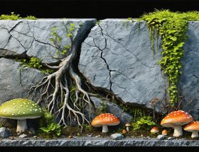 Conceptual illustration showing how plant roots, lichens, and fungi contribute to the gradual degradation and weathering of a stone monument.